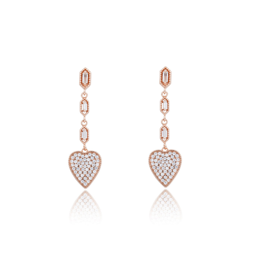 Siora Heart Drop Baguette Chain Earrings | 925 Sterling Silver Rose Gold