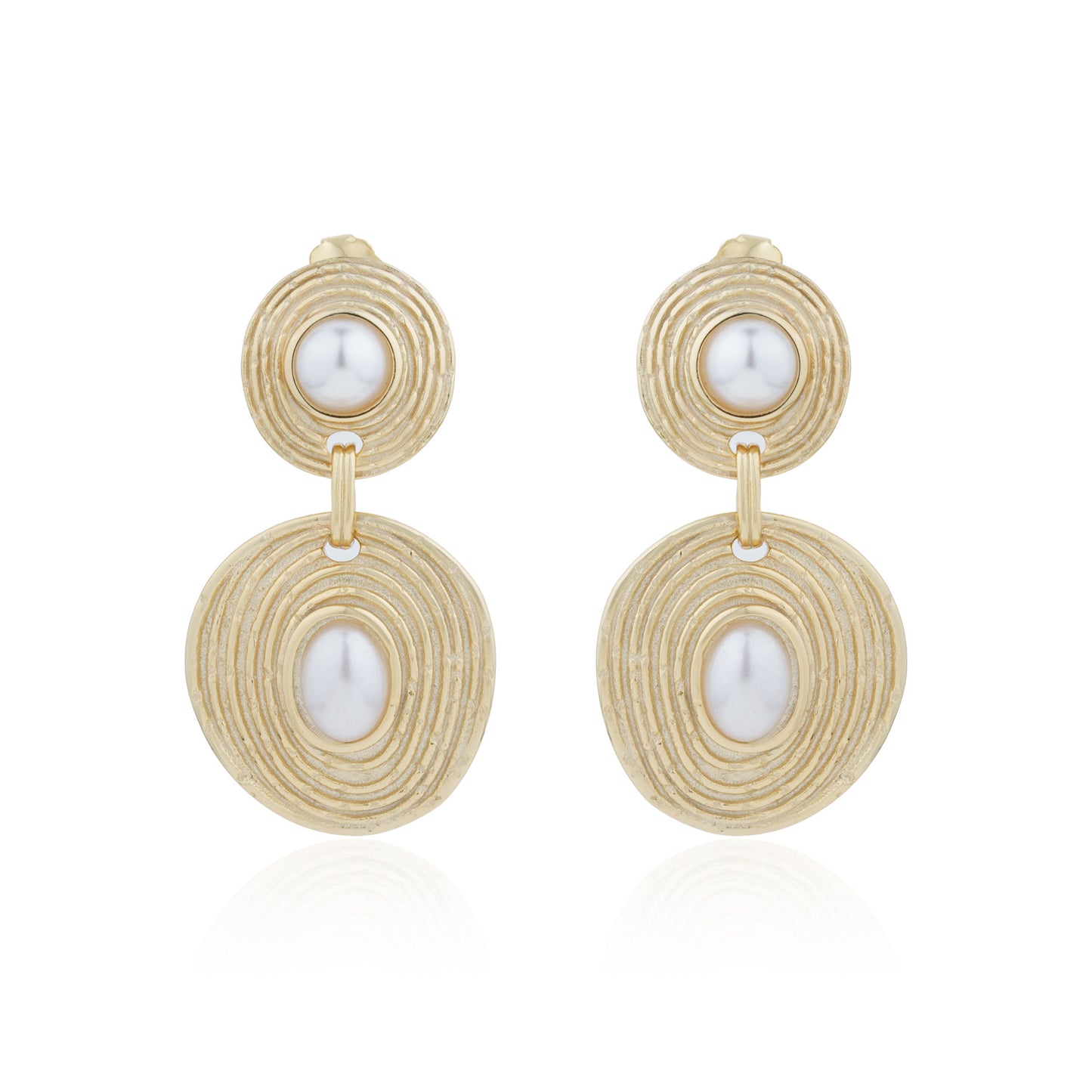 Siora Gold Pearl Orbital Double Disc Earrings | 925 Sterling Silver 18K Gold Plated