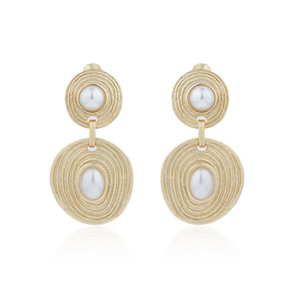 Siora Gold Pearl Orbital Double Disc Earrings | 925 Sterling Silver 18K Gold Plated