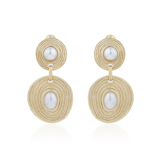 Siora Gold Pearl Orbital Double Disc Earrings | 925 Sterling Silver 18K Gold Plated