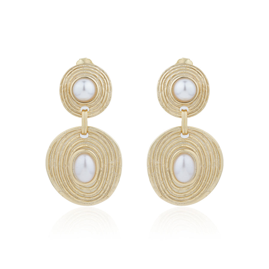 Siora Gold Pearl Orbital Double Disc Earrings | 925 Sterling Silver 18K Gold Plated