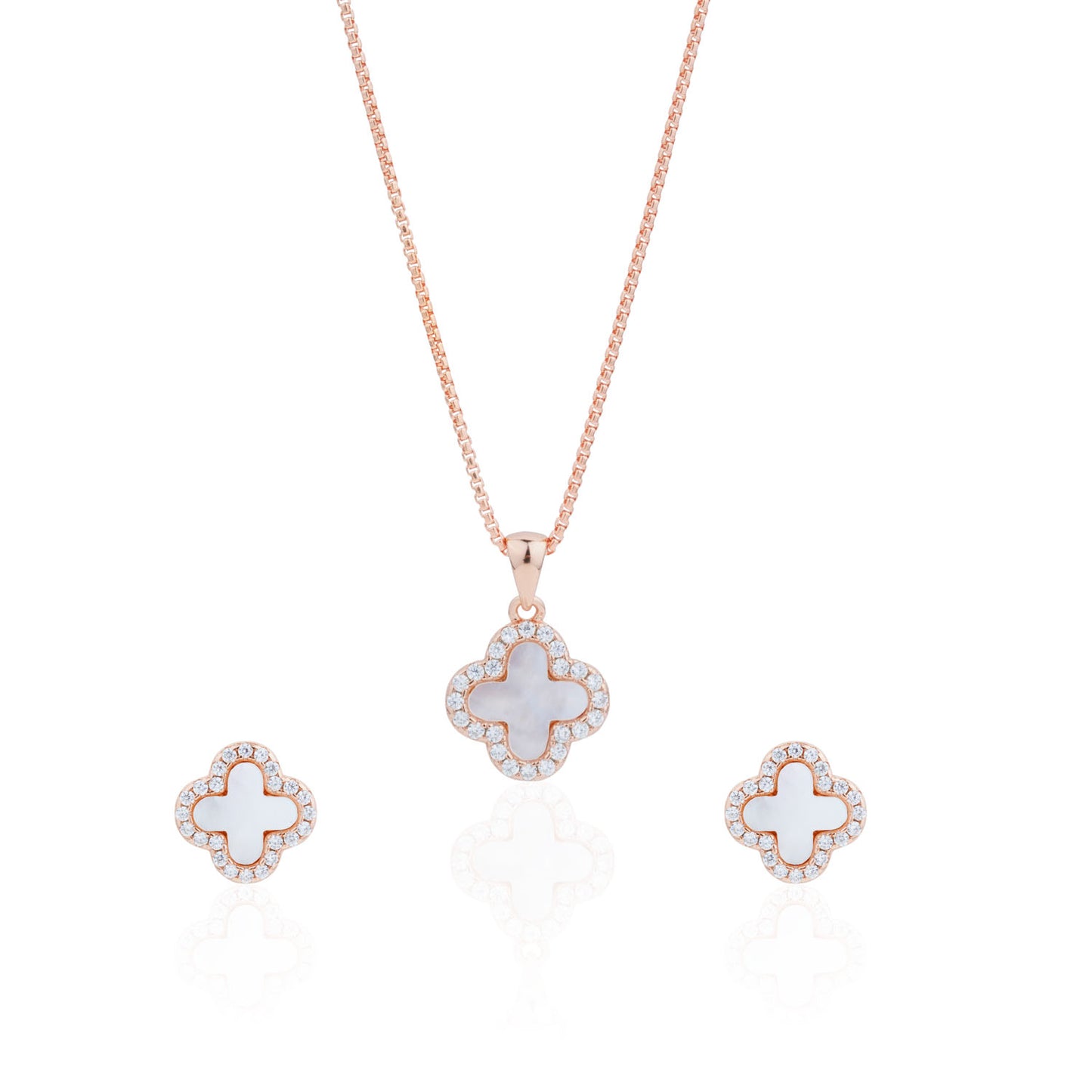 Siora MOP Clover Bloom Jewellery Set | 925 Sterling Silver Rose Gold | Necklace + Earrings