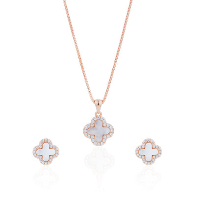 Siora MOP Clover Bloom Jewellery Set | 925 Sterling Silver Rose Gold | Necklace + Earrings
