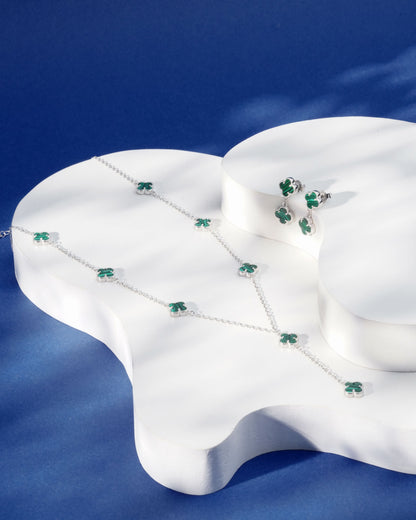 Siora Malachite Clover Complete Jewellery Set | 925 Sterling Silver Rhodium Plated | Necklace + Earrings