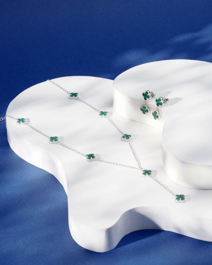 Siora Malachite Clover Complete Jewellery Set | 925 Sterling Silver Rhodium Plated | Necklace + Earrings