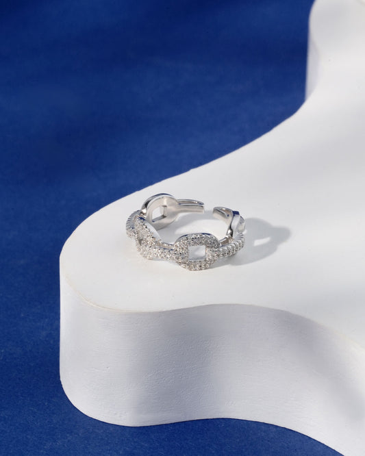 Siora Silver Fully Pave Cuban Link Band Ring | 925 Sterling Silver Rhodium Plated