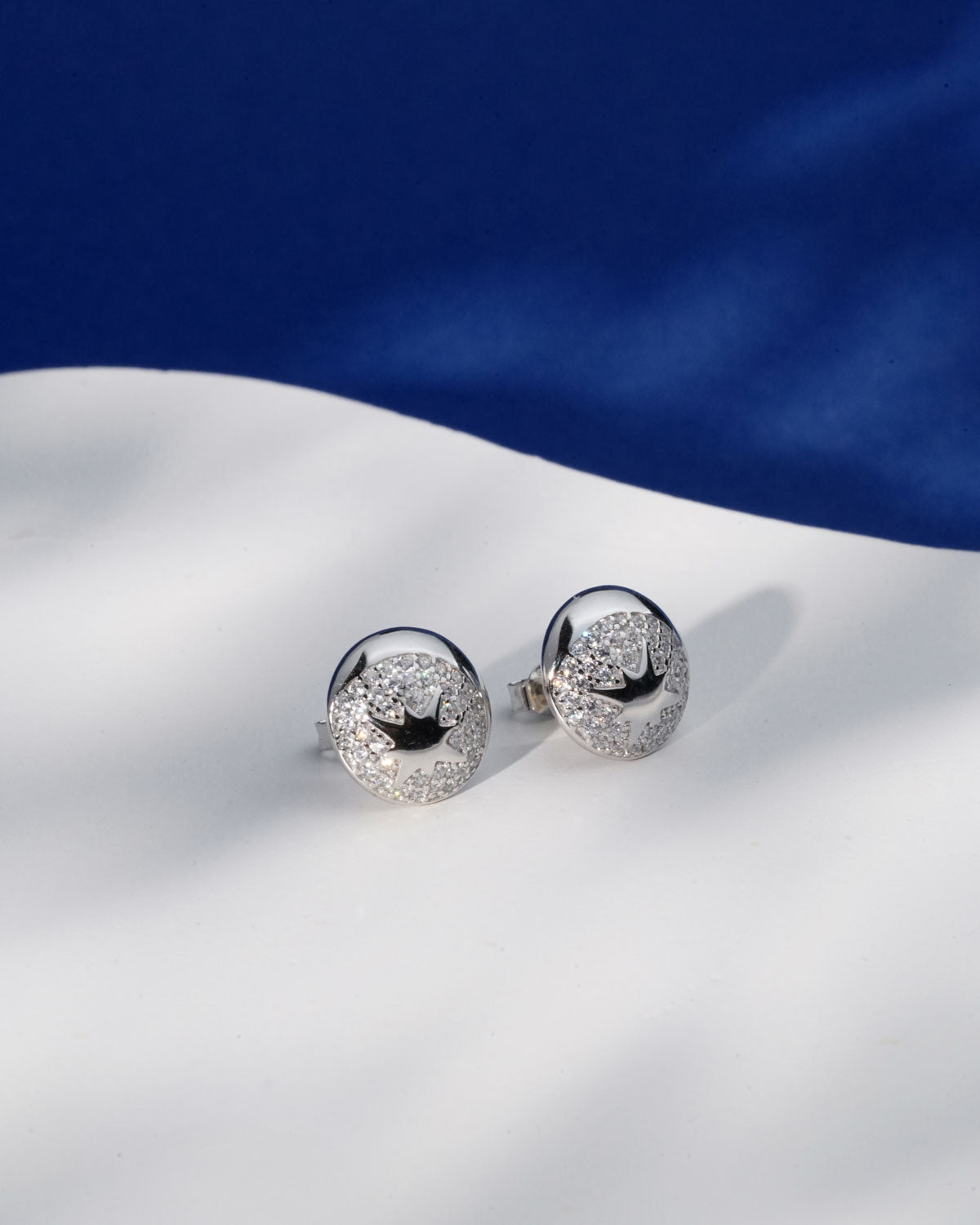 Siora Silver North Star Disc CZ Stud Earrings | 925 Sterling Silver Rhodium Plated