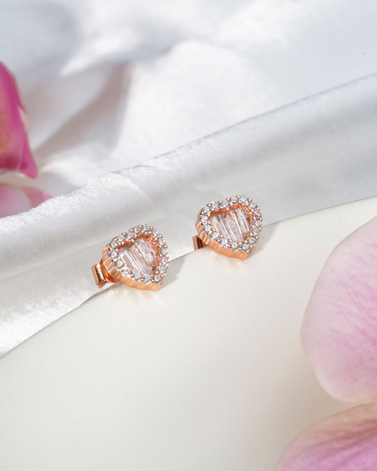 Siora Baguette Heart Jewellery Set | 925 Sterling Silver Rose Gold | Necklace + Earrings