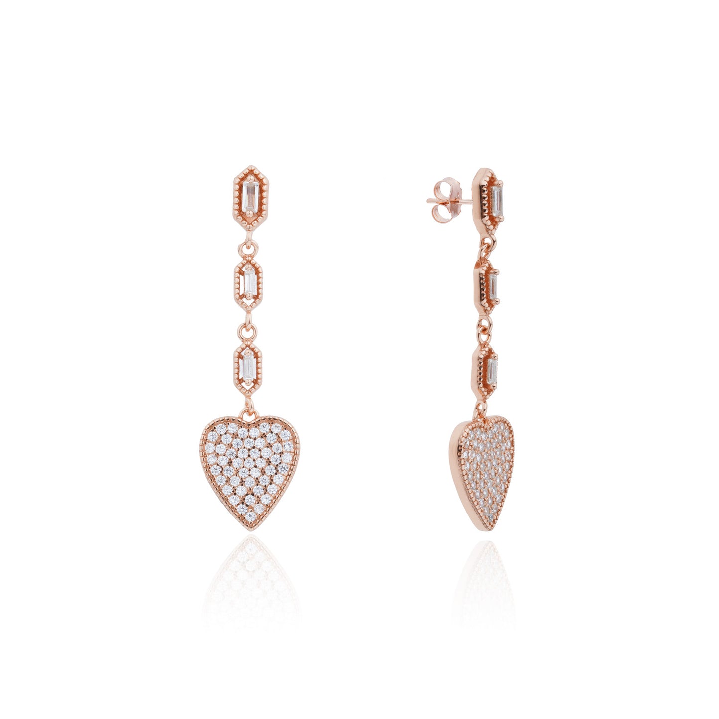 Siora Heart Drop Baguette Chain Earrings | 925 Sterling Silver Rose Gold