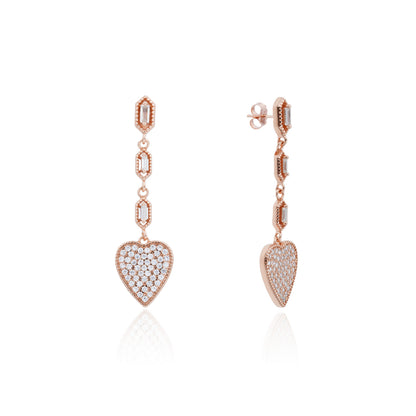 Siora Heart Drop Baguette Chain Earrings | 925 Sterling Silver Rose Gold