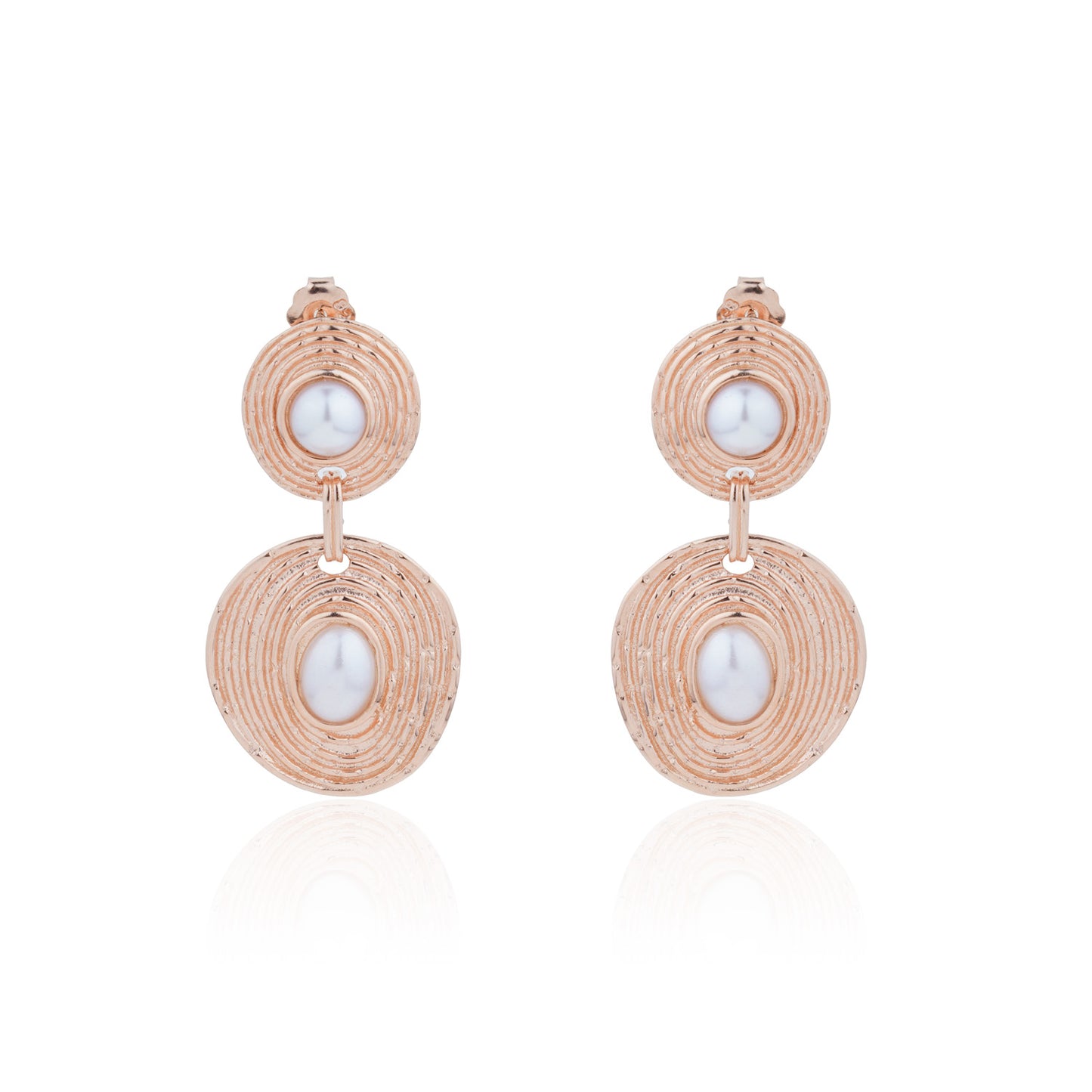 Siora Pearl Orbital Double Disc Drop Earrings | 925 Sterling Silver Rose Gold