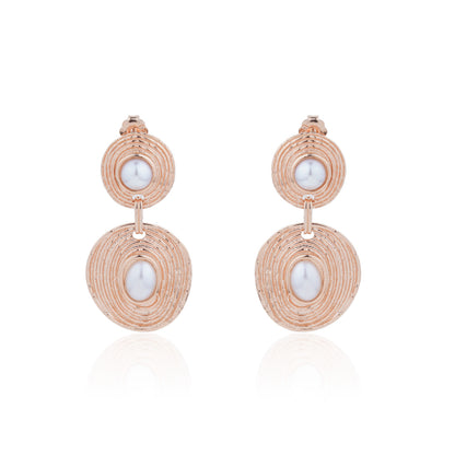 Siora Pearl Orbital Double Disc Drop Earrings | 925 Sterling Silver Rose Gold