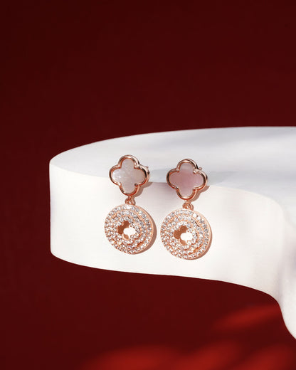 Siora Clover & Halo Circle Drop Earrings | 925 Sterling Silver Rose Gold