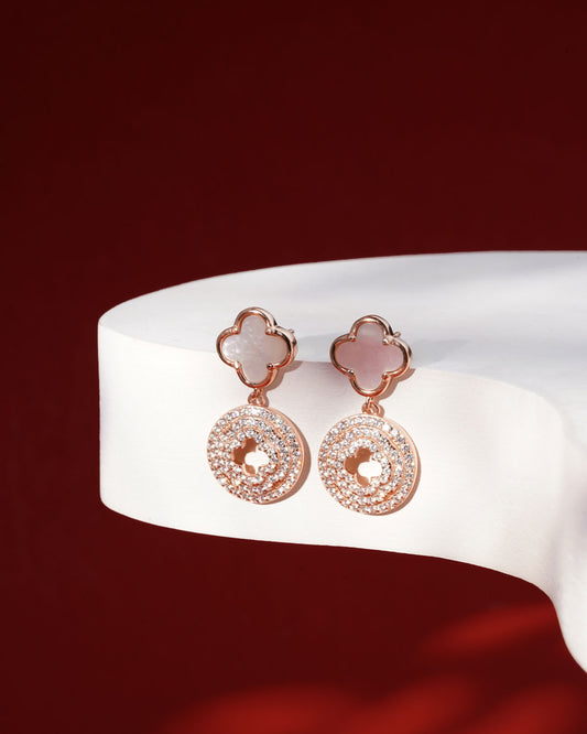Siora Clover & Halo Circle Drop Earrings | 925 Sterling Silver Rose Gold