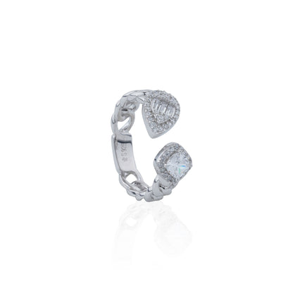 Siora Silver Dual Stone Cuban Link Bypass Ring | 925 Sterling Silver Rhodium Plated