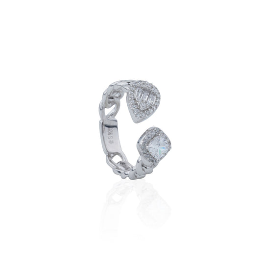 Siora Silver Dual Stone Cuban Link Bypass Ring | 925 Sterling Silver Rhodium Plated