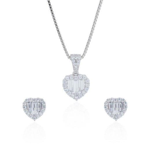 Siora Silver Baguette Heart Jewellery Set | 925 Sterling Silver Rhodium Plated | Necklace + Earrings