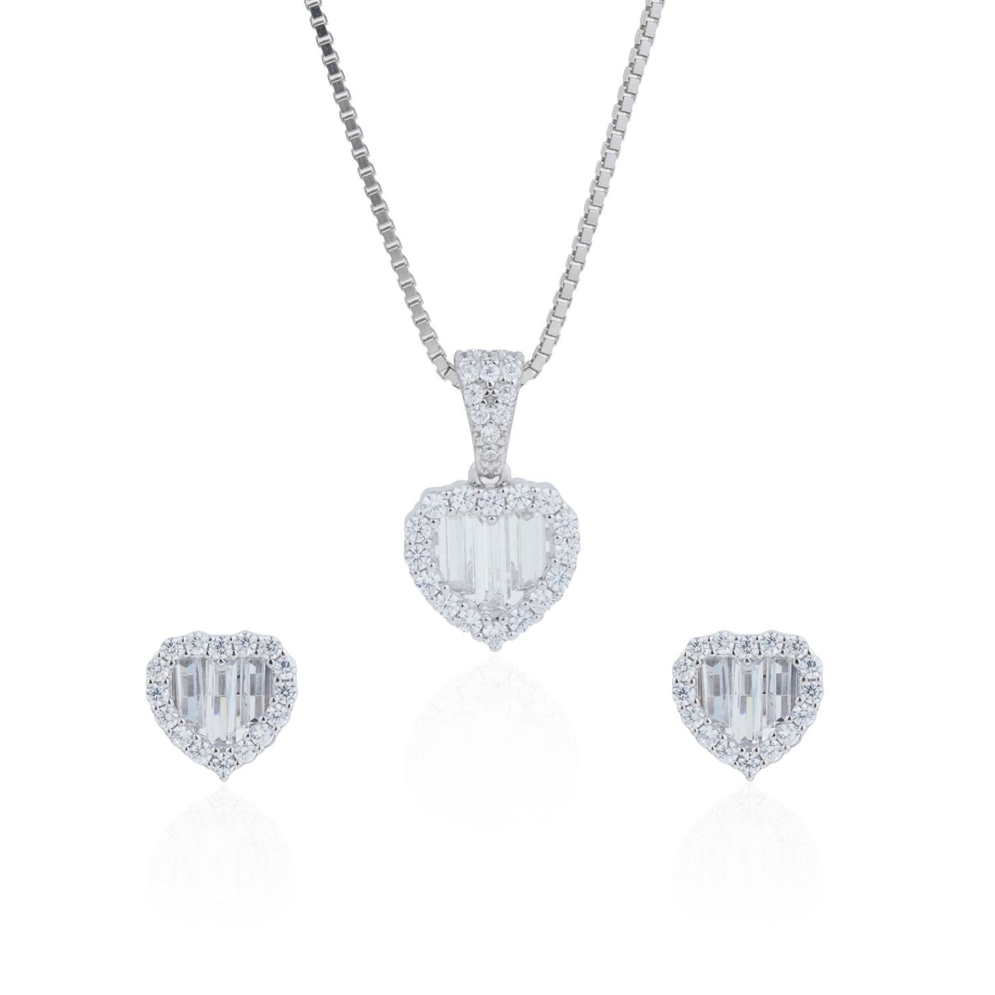 Siora Silver Baguette Heart Jewellery Set | 925 Sterling Silver Rhodium Plated | Necklace + Earrings