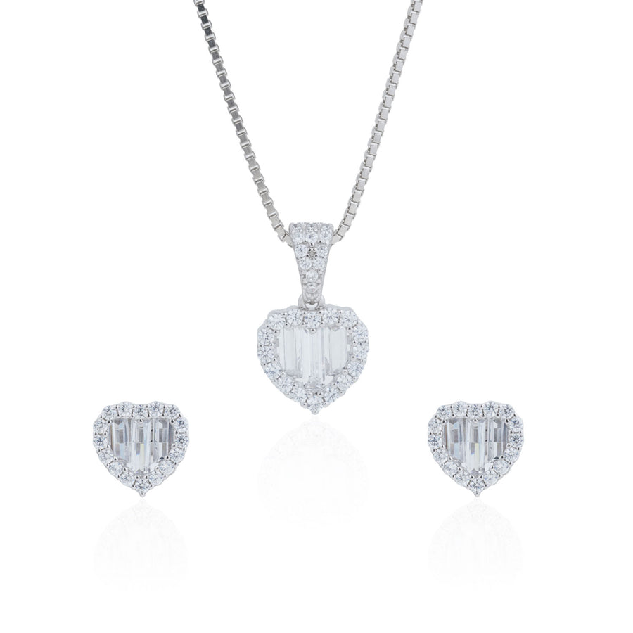 Siora Silver Baguette Heart Jewellery Set | 925 Sterling Silver Rhodium Plated | Necklace + Earrings