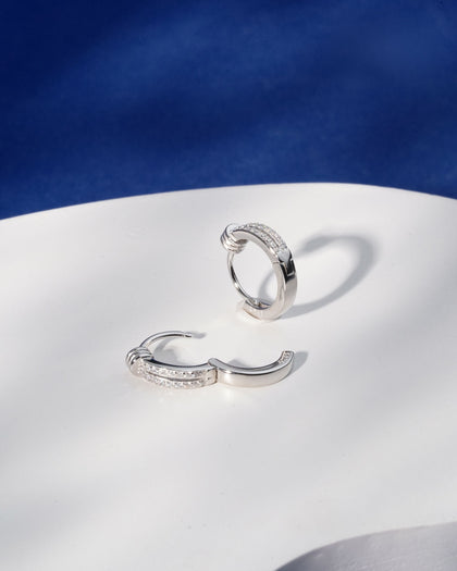 Siora Silver Double Row CZ Huggie Hoop Earrings | 925 Sterling Silver Rhodium Plated