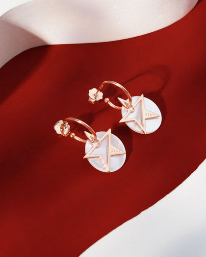 Siora Star & Pearl MOP Hoop Drop Earrings | 925 Sterling Silver Rose Gold