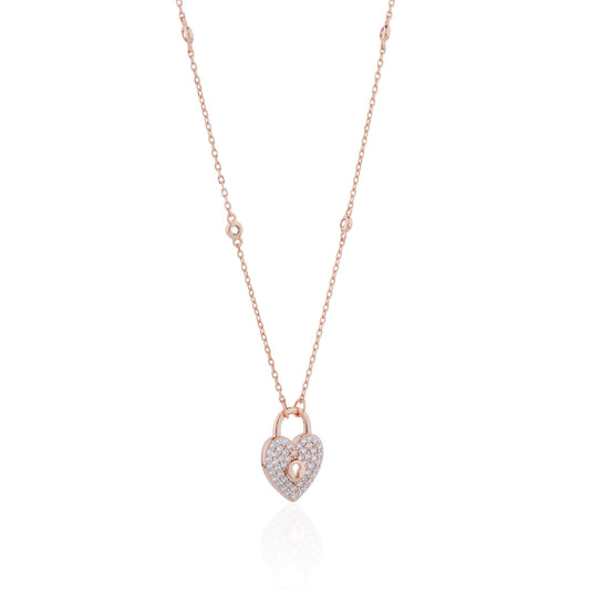 Siora Heart Lock CZ Pendant Necklace | 925 Sterling Silver Rose Gold