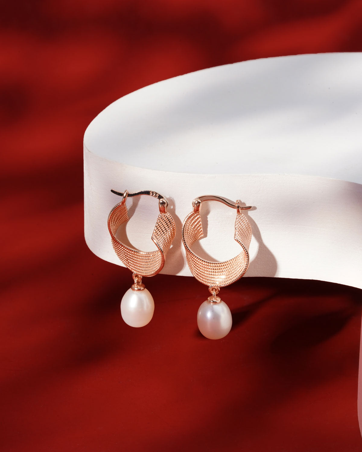 Siora Pearl Drop Twisted Mesh Hoop Earrings | 925 Sterling Silver Rose Gold