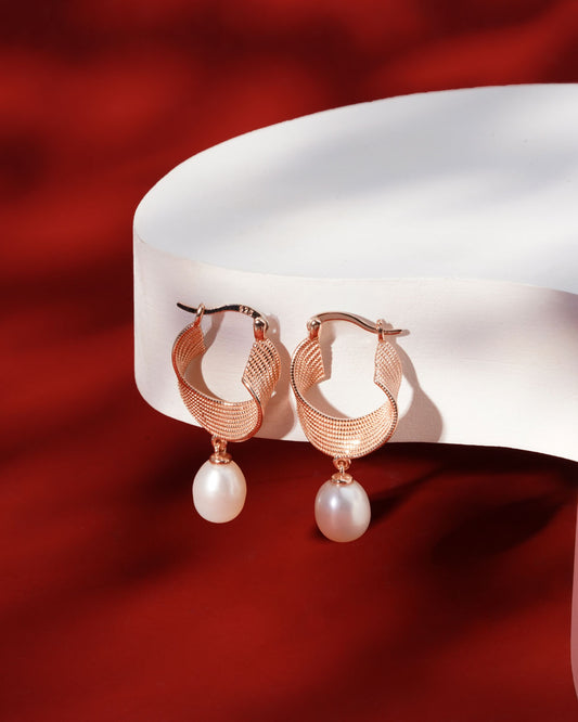 Siora Pearl Drop Twisted Mesh Hoop Earrings | 925 Sterling Silver Rose Gold