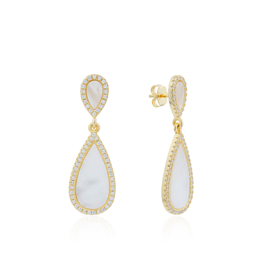 Siora Gold MOP Teardrop Halo Drop Earrings | 925 Sterling Silver 18K Gold Plated