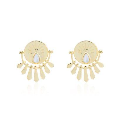 Siora Gold Sun Disc Fan Drop Earrings | 925 Sterling Silver 18K Gold Plated