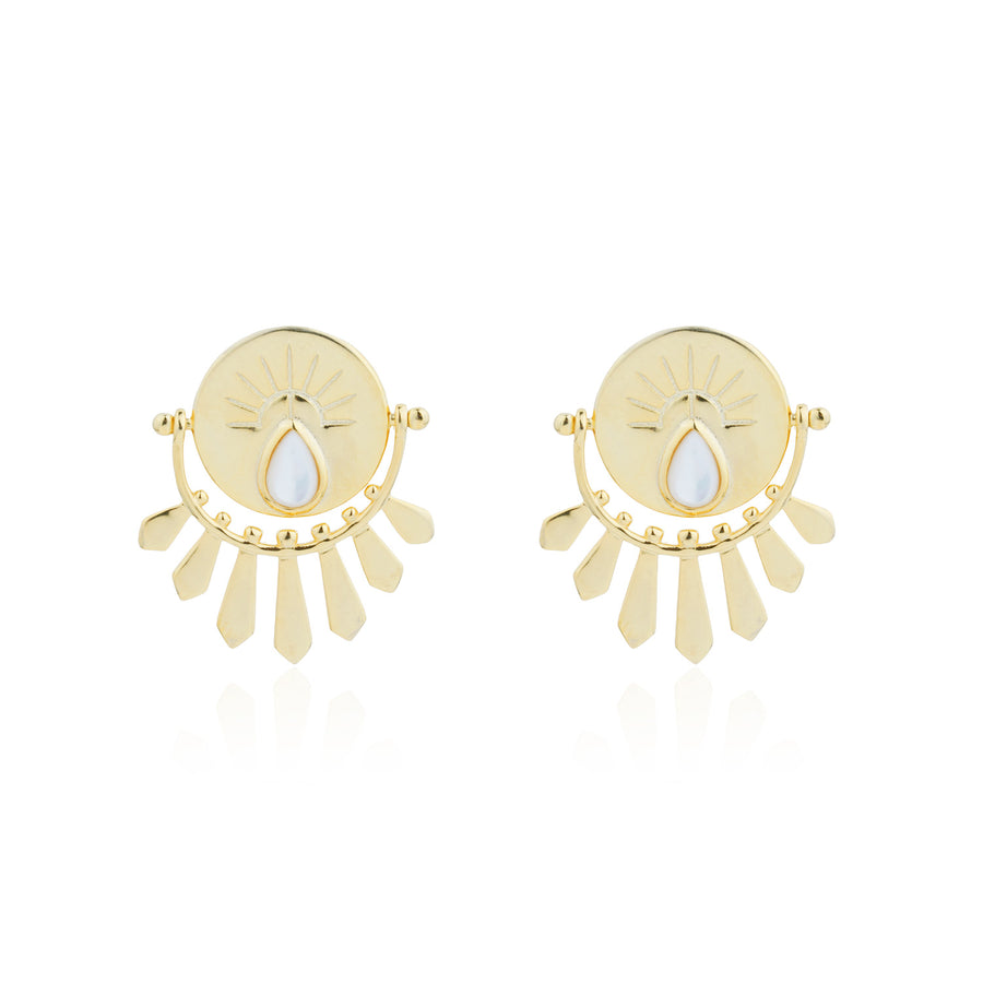 Siora Gold Sun Disc Fan Drop Earrings | 925 Sterling Silver 18K Gold Plated