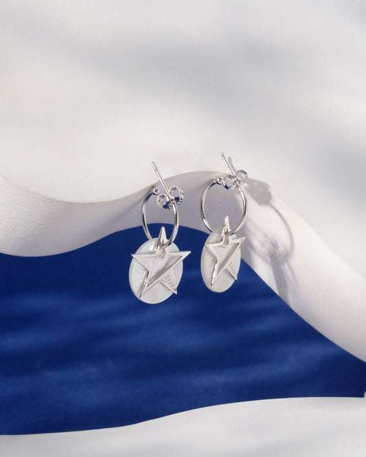 Siora Silver Star & Pearl Hook Earrings | 925 Sterling Silver Rhodium Plated
