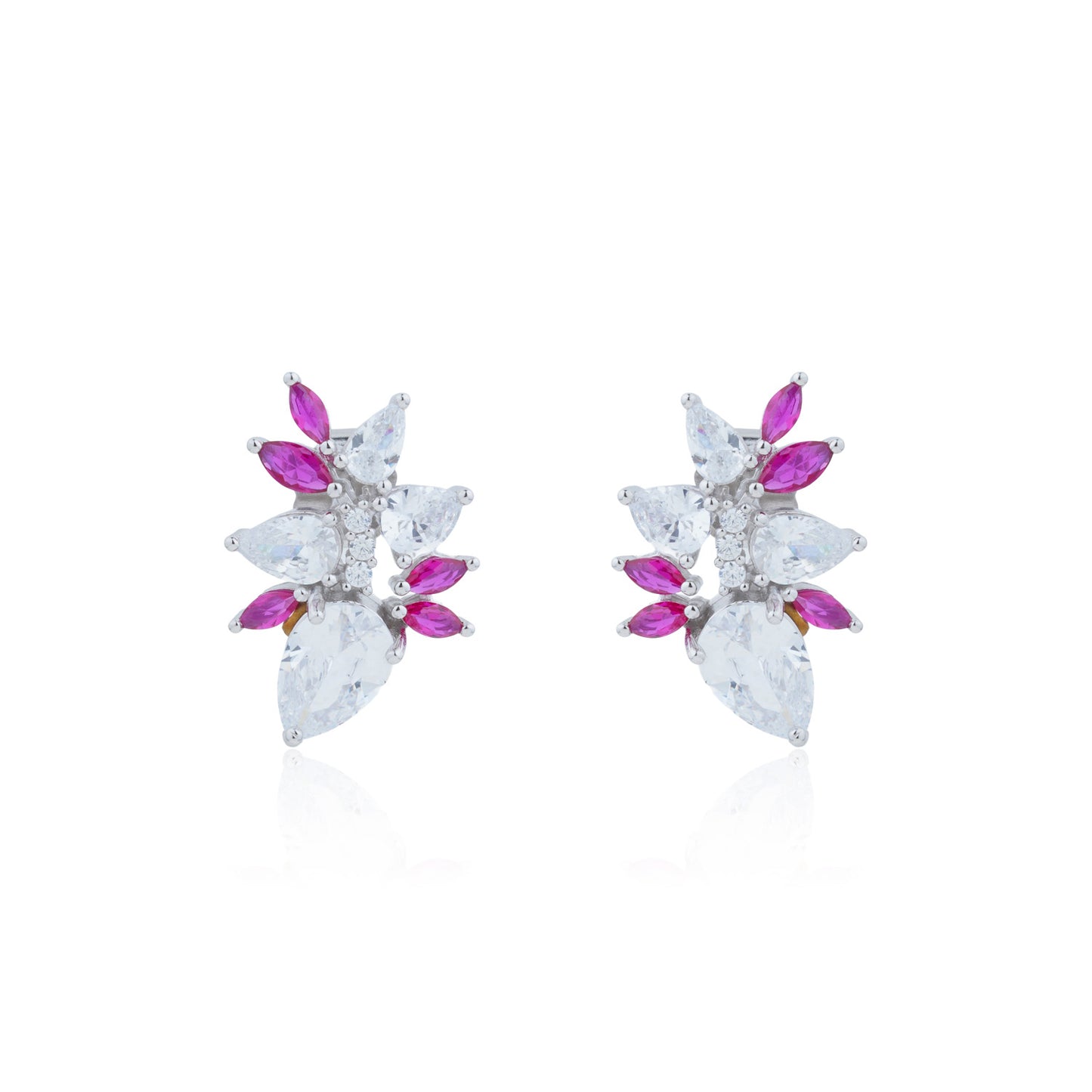 Siora Silver Floral CZ & Ruby Pink Earrings | 925 Sterling Silver Rhodium Plated