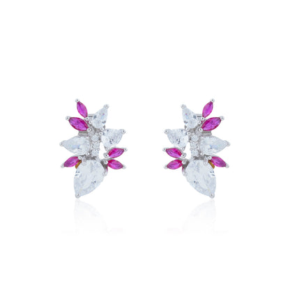 Siora Silver Floral CZ & Ruby Pink Earrings | 925 Sterling Silver Rhodium Plated