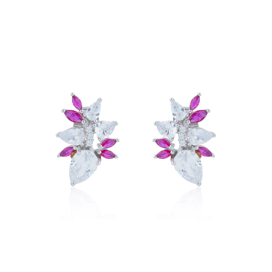 Siora Silver Floral CZ & Ruby Pink Earrings | 925 Sterling Silver Rhodium Plated