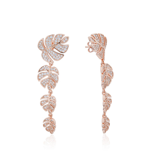 Siora Monstera Cascade CZ Drop Earrings | 925 Sterling Silver Rose Gold