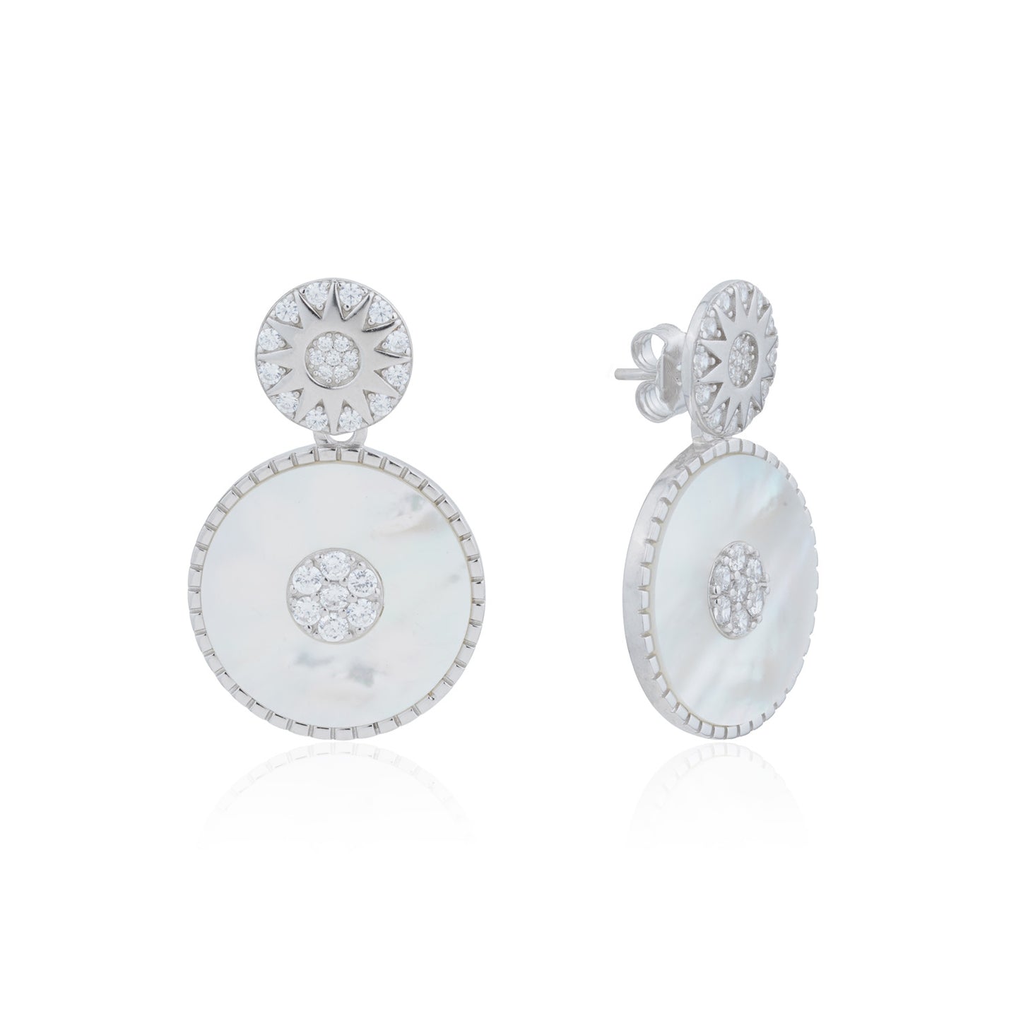 Siora Silver Celestial MOP Double Disc Earrings | 925 Sterling Silver Rhodium Plated