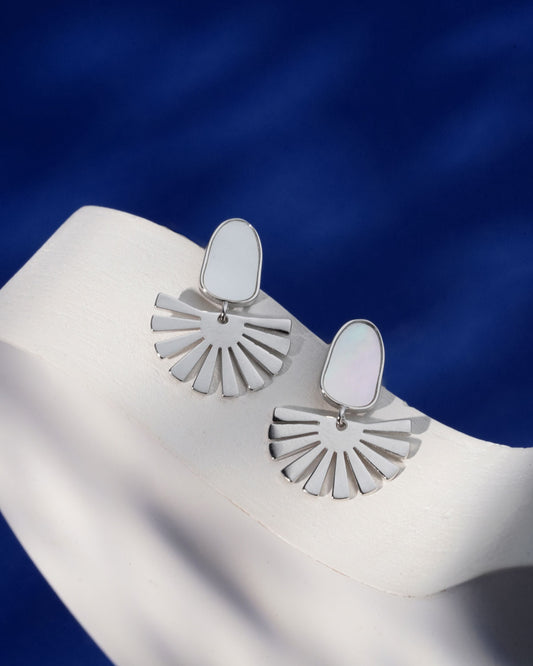 Siora Silver MOP Pebble Fan Drop Earrings | 925 Sterling Silver Rhodium Plated