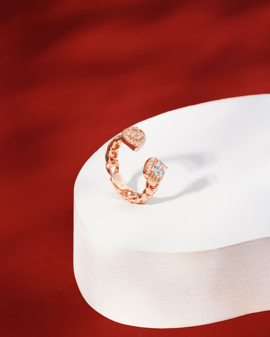 Siora Chain Link CZ Teardrop Open Ring | 925 Sterling Silver Rose Gold