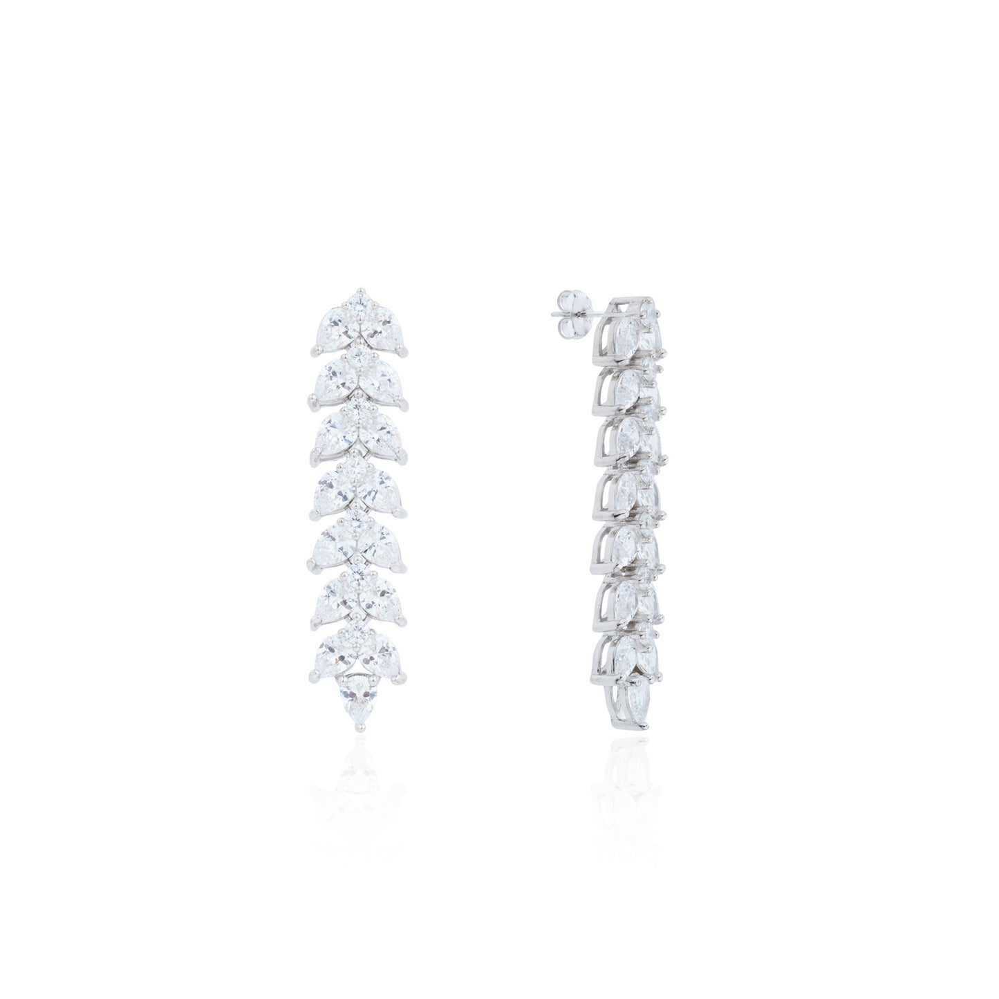 Siora Silver Leaf Spine CZ Drop Earrings | 925 Sterling Silver Rhodium Plated