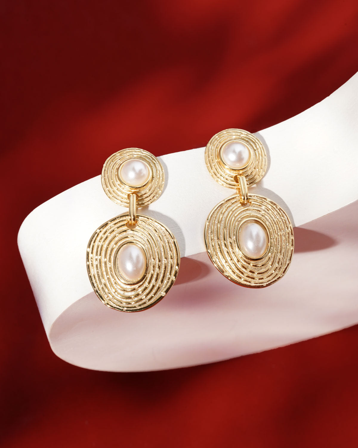 Siora Gold Pearl Orbital Double Disc Earrings | 925 Sterling Silver 18K Gold Plated