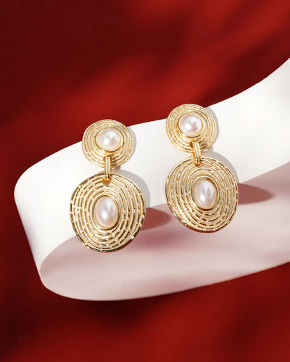 Siora Gold Pearl Orbital Double Disc Earrings | 925 Sterling Silver 18K Gold Plated