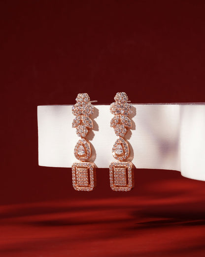 Siora Luxe CZ Bridal Drop Earrings | 925 Sterling Silver Rose Gold