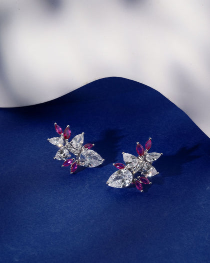 Siora Silver Floral CZ & Ruby Pink Earrings | 925 Sterling Silver Rhodium Plated
