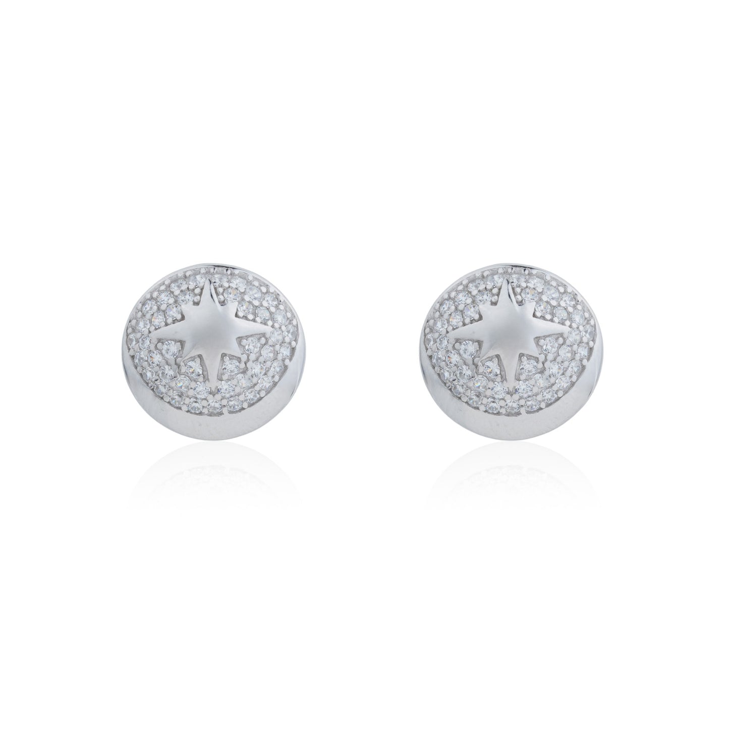 Siora Silver North Star Disc CZ Stud Earrings | 925 Sterling Silver Rhodium Plated
