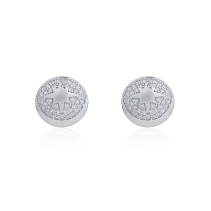 Siora Silver North Star Disc CZ Stud Earrings | 925 Sterling Silver Rhodium Plated