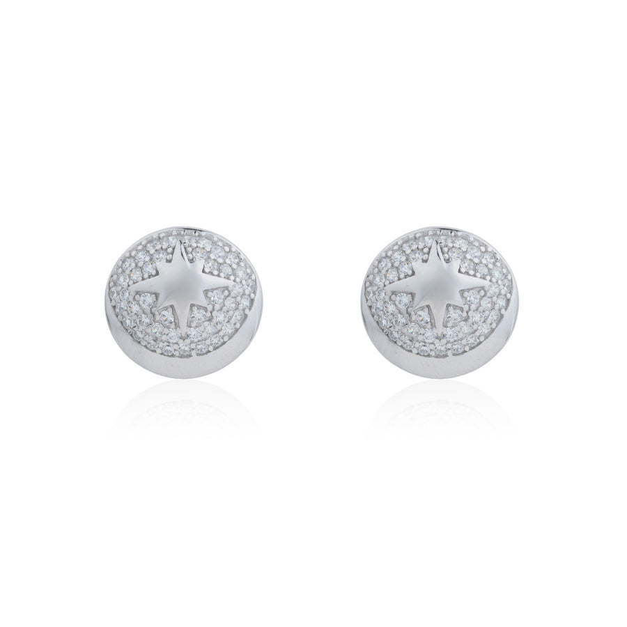 Siora Silver North Star Disc CZ Stud Earrings | 925 Sterling Silver Rhodium Plated