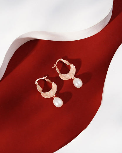 Siora Pearl Drop Twisted Mesh Hoop Earrings | 925 Sterling Silver Rose Gold