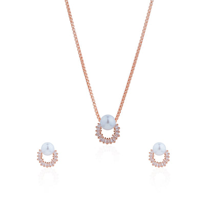 Siora Pearl Arc Jewellery Set | 925 Sterling Silver Rose Gold | Necklace + Earrings