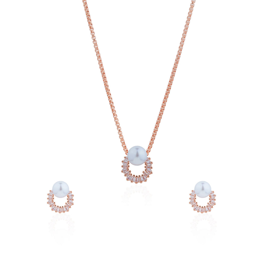 Siora Pearl Arc Jewellery Set | 925 Sterling Silver Rose Gold | Necklace + Earrings
